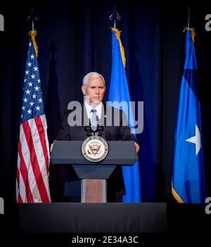 Charleston, United States. 15th Jan, 2021. U.S. Vice President Mike Pence delivers remarks during the Celebration of Life service for Brig. Gen. Chuck Yeager at the Charleston Coliseum & Convention Center January 15, 2021 in Charleston, West Virginia. In 1947 Yeager became the first person in history to cross the speed of sound in level flight. He died December 7, 2020 at the age of 97. Credit: Planetpix/Alamy Live News Stock Photo