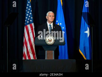 Charleston, United States. 15th Jan, 2021. U.S. Vice President Mike Pence delivers remarks during the Celebration of Life service for Brig. Gen. Chuck Yeager at the Charleston Coliseum & Convention Center January 15, 2021 in Charleston, West Virginia. Yeager was an Air Force flying ace and test pilot who in 1947 became the first person in history to beat the speed of sound in level flight. Credit: Planetpix/Alamy Live News Stock Photo