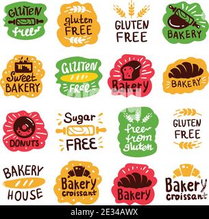 Bread and bakery products logos, gluten free, sugar free icons with lettering. Bagel and croissant and baguette silhouettes with signs for pastry food Stock Vector