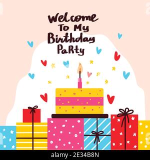 Happy birthday lettering vector card. Holiday text and decorations. Stock Vector