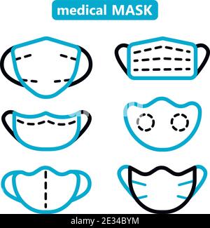 Medical mask outline icons set. Vector illustration isolated on white. Stock Vector