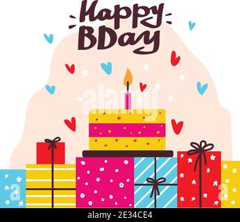 Happy birthday lettering card. Holiday text and decorations. Vector element isolated on white. Stock Vector