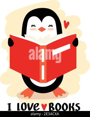 Cartoon penguin reading book vector. Illustration with text - i love books. Stock Vector