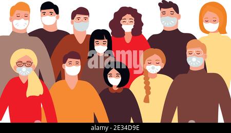 Collection of people in protective face dust masks and goggles. Bundle of men and women wearing protection from urban air pollution, smog, vapor, poll Stock Vector