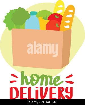 Vector flat illustration of grocery shopping banner, home delivery with various goods. Stock Vector