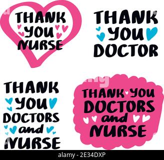 Thank you doctors nurse lettering set. Healthcare worker and medical hospital profession concept, vector illustration. Simple art for epidemic covid-1 Stock Vector