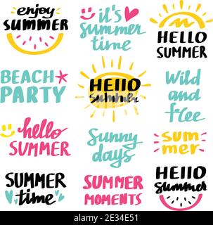 Hello Summer vector lettering set. Fun quote hipster design logo or label. Hand lettering inspirational typography poster, banner collection isolated Stock Vector