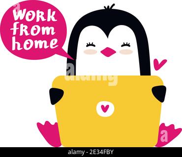 Little penguin sits with laptop and work from home. Bright vector illustration with freelance in flat style. Cute cartoon character. Stock Vector