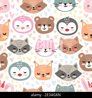 Cute vector childrens seamless pattern. Flat forest background with hearts in the Scandinavian style on white background. Stock Vector