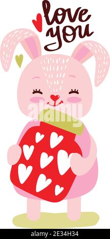Cute bunny stands and holds jar with hearts. Text - love you. Vector flat illustration in flat style. Stock Vector