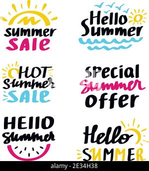 Hello Summer vector lettering set. Fun quote hipster design logo or label. Hand lettering inspirational typography poster, banner collection isolated Stock Vector
