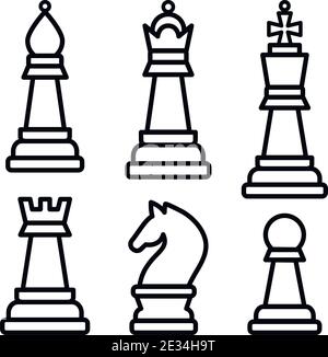 Chess Pieces. King Queen Rook Pawn Knight and Bishop. Vector Illustration Icons Set in outline style. Stock Vector