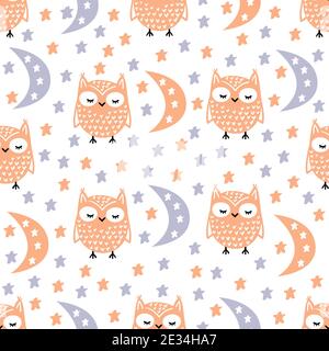 Cute seamless pattern, for childrens textiles, childrens room, clothes, design. Owls, moon, stars, sleep background in pastel colors in flat style. Stock Vector