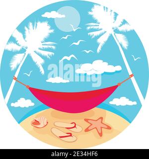 Hammock with palm trees on beach. Vector tropical background with sea. Flat style vector illustration. Stock Vector