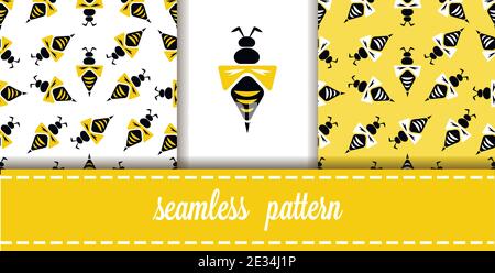 Vector Flat Seamless Patterns set Background with Wasps Stock Vector