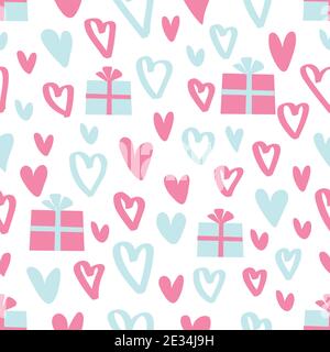 Simple hearts seamless vector pattern with gift boxes. Valentines day background. Flat design endless chaotic heart silhouettes. Stock Vector