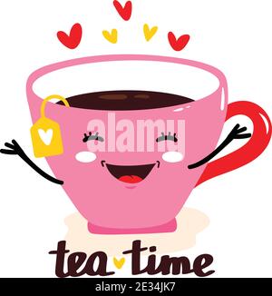 Cute flat kawaii Mug with Tea and Tea Package. Happy morning, tea time vector Illustration. Stock Vector
