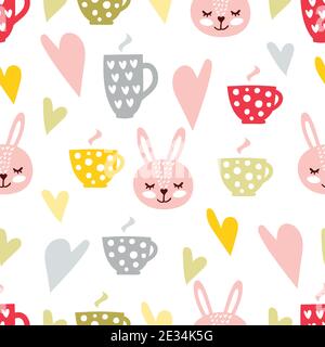 Coffee and tea vector seamless pattern or background with hearts and cute rabbits faces. Stock Vector