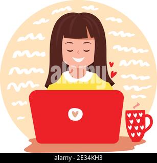 Cute girl works at a laptop. Vector concept for workplace, freelance, coworking, business. Female worker character isolated on a white background. Stock Vector