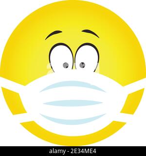 Emoji wearing mouth mask. Yellow emoticon with closed eyes and a white surgical mask on the face Stock Vector