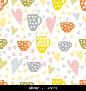 Coffee and tea cups vector seamless pattern or background with hearts. Stock Vector
