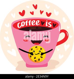 Cute vector illustration of cup of coffee holds cookies. Happy kawaii character with smiling face, hearts and text - coffee time. Card, poster, print Stock Vector