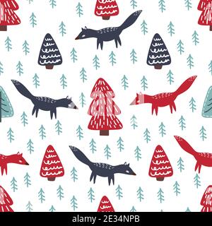 Cute vector seamless pattern with foxes, Christmas trees, forest in Scandinavian style. Stock Vector