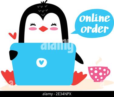 Cute Cartoon Penguin Family In Love. Vector Illustration On Blue 