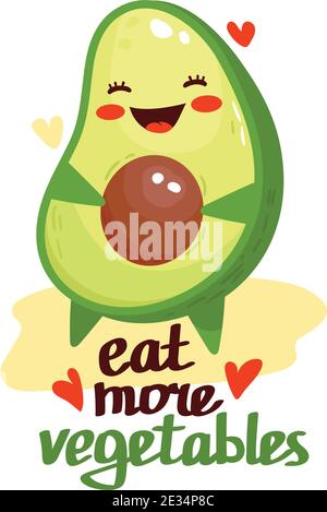 Cute cartoon kawaii avocado. Vector isolated illustration of pumpkin with text eat more vegetables. Stock Vector