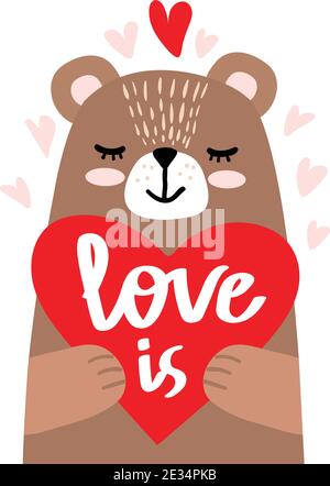 Cute little bear holding red heart and lettering - love is. Vector illustration Stock Vector