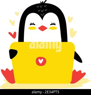 Cute little penguin sits with a laptop and works. Bright vector illustration with hearts in flat style. Stock Vector