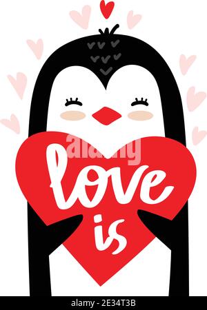 Little penguin and text hello. Cute vector illustration in scandinavian style, doodle nursery art. Stock Vector