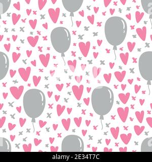 Simple hearts and balloons seamless vector pattern. Valentines day background. Flat design endless chaotic heart silhouettes. Stock Vector