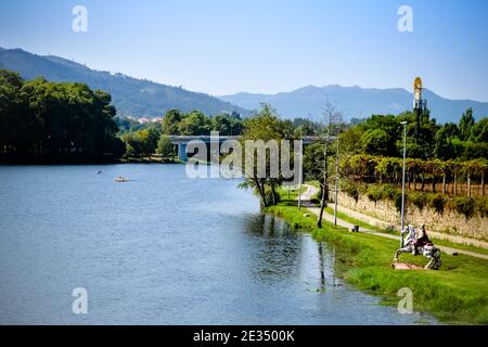 Roman horse view in the margins of rio Lima at Ponte de Lima in Portugal Stock Photo