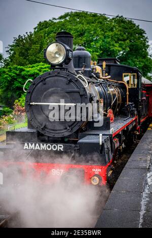 A steam train is pulled by a fully restored C17 class locomotive from the early 1920's along the Mary Valley Rattler heritage railway line. Stock Photo