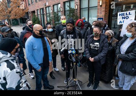 New York, USA. 16th Jan, 2021. Kayon Harrold speaks during Arlo hotel national protest in New York City in front of Arlo SoHo, to his right is his wife Kat Rodriguez. Their 14-year old son was wrongly accused of stealing a cell phone by Miya Posetto while she and the Harrold family stayed in the hotel. The incident is now under investigation and Ms. Ponsetto has been granted supervised release. The Harrold family said hotel management was equally culpable for not de-escalating the situation and for allowing the accuser to leave before police arrived. (Photo by Lev Radin/Pacific Press) Credit:  Stock Photo