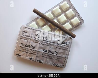 Nicorette Nicotine chewing gums as a substitute for cigarettes Stock Photo