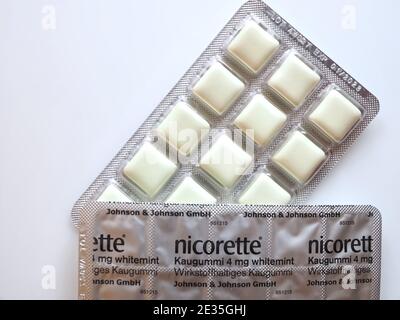 Nicorette Nicotine chewing gums as a substitute for cigarettes Stock Photo