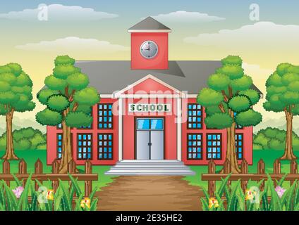 Vector illustration of Cartoon school building with green yard Stock Vector