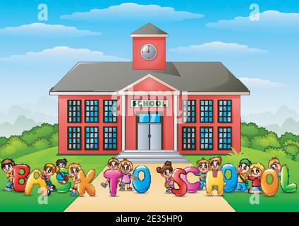 Vector illustration of Happy school children holding the words 'Back to School' in front of school building Stock Vector