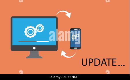Pc and smartphone.Data update or synchronize with bar process icon flat design.Vector illustration.Eps10. Stock Vector