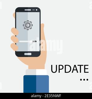 Smartphone in hand.Data update or synchronize with bar process icon flat design vector illustration.Eps10. Stock Vector