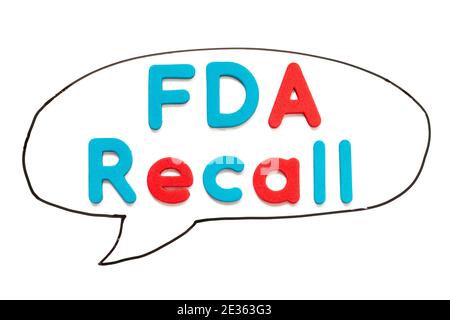 Alphabet letter with word FDA recall in black line hand drawing as bubble speech on white board background Stock Photo