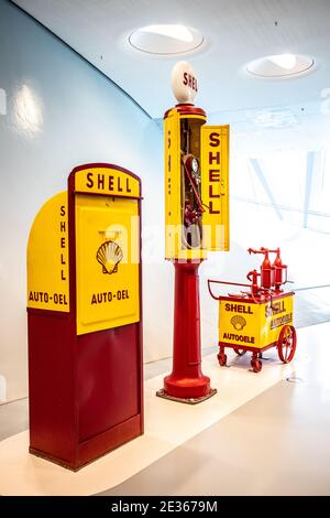 STUTTGART, GERMANY, 2019: An old classic and obsolete Shell Diesel fuel pump, vintage petrol pumps at Mercedes-Benz Museum Stock Photo