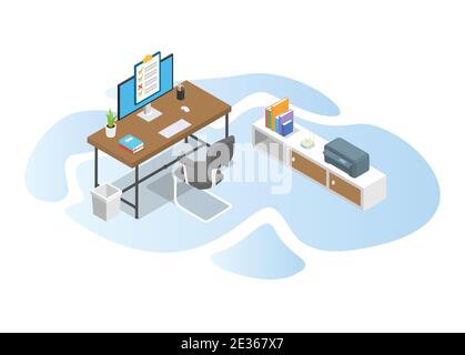 work time with work desk table concept with modern isometric or 3d style vector illustration Stock Photo