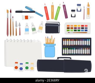 Kit for drawing, artists pencils and notebook Stock Vector