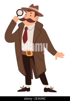Detective or spy with magnifying glass, agent job Stock Vector