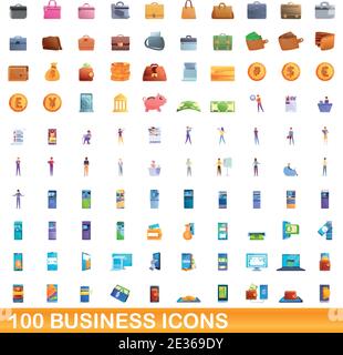 100 business icons set. Cartoon illustration of 100 business icons vector set isolated on white background Stock Vector