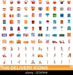 100 delivery icons set. Cartoon illustration of 100 delivery icons vector set isolated on white background Stock Vector