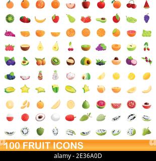 100 fruit icons set. Cartoon illustration of 100 fruit icons vector set isolated on white background Stock Vector